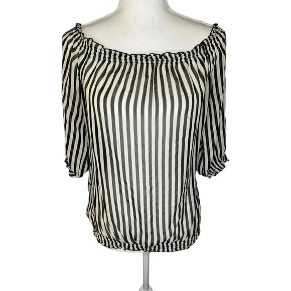 WHBM Women’s Small Black & Cream Semi-Sheer Striped Banded Bottom Top - Picture 1 of 6